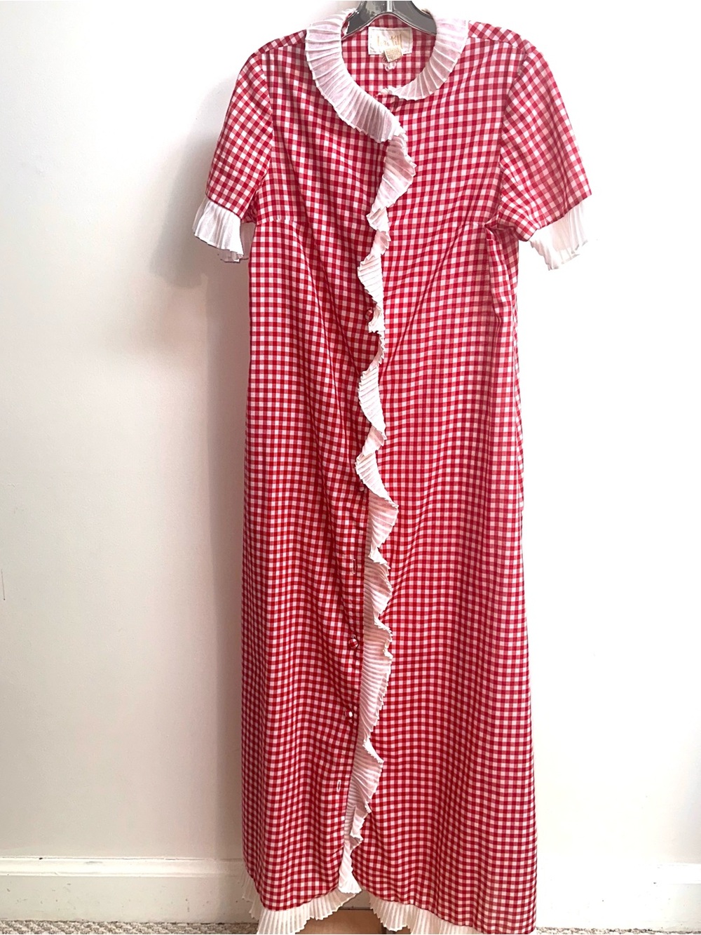 1970s Red Gingham Ruffle Front Maxi lounge Dress with White ruffle Trim